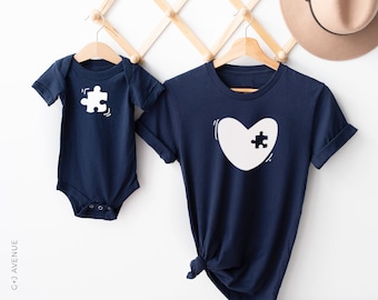 Mommy and Me Heart Matching Set, Missing Piece Set, Mom and Child Navy Blue, T-Shirt and One Piece, Mothers Day Shower New Mom Gift