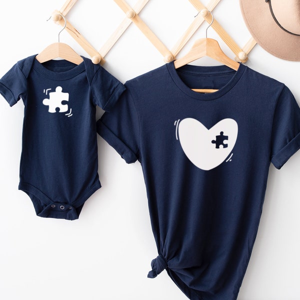 Mommy and Me Heart Matching Set, Missing Piece Set, Mom and Child Navy Blue, T-Shirt and One Piece, Mothers Day Shower New Mom Gift