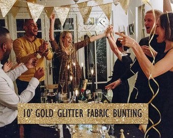 Gold Glitter Party Decor Bunting, Reusable Deluxe Fabric Hanging party Decor, Luxe Gold Glitter Garland, Modern Classy Party Decoration