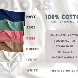 May include: A stack of six baby bodysuits in navy, sage, rose, coffee, ivory, and white. The image includes text that reads "100% Cotton Tshirts + Bodysuits" and details about the product, such as "gender neutral" and "machine washable."