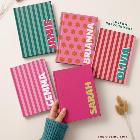 Personalized Sketchbook, Retro Striped Notebook with Name, Custom Art Drawing Book,  Birthday Gift for Kids Teenager