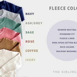 May include: A display of fleece sweatshirts in colours such as navy, ash grey, sage, rose, coffee, and ivory. The image also shows features like gender-neutral sizing, standard fit, and machine washability.