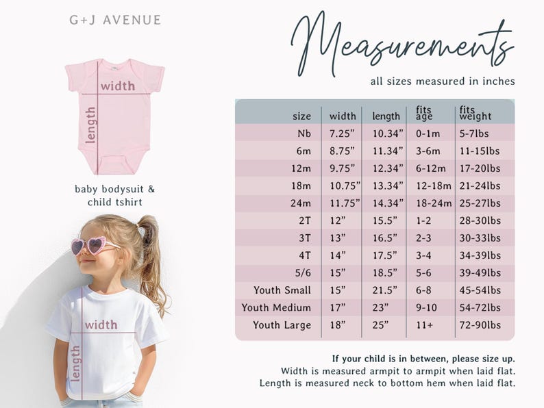 Puede incluir: Un body rosa para beb&eacute; y una camiseta blanca con medidas en pulgadas. La tabla incluye tallas desde reci&eacute;n nacido hasta juvenil grande, con detalles de ancho, largo, edad y peso. El texto "G+J AVENUE" est&aacute; en la parte superior.