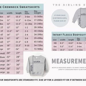 May include: Size chart for fleece crewneck sweatshirts and infant fleece bodysuits. Includes measurements in inches for width and length, along with size, fit, and weight information. The text also includes the phrase "The Sibling Edit".