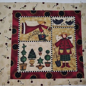 May include: Fabric panel with a country theme. The design features a central square with four illustrated scenes: an angel, birds, topiary, and a person with a shovel. The border is red with black and white accents and sunflowers.