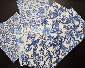 Lot de serviettes de table bleu et blanc [chinoiserie, serviettes pour collage, travaux manuels, éphémères, techniques mixtes]