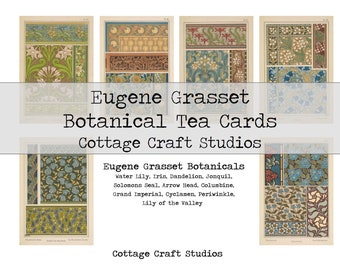 Könnte beinhalten: Satz Vintage-Botanikkarten von Eugene Grasset mit floralen Designs in Grün-, Blau- und Brauntönen. Die Karten enthalten den Text: "Eugene Grasset Botanical Tea Cards Cottage Craft Studios."