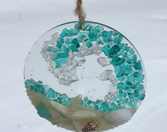 Coastal Crashing Wave Crushed Glass Suncatcher, Seaglass, Starfish, Seashells