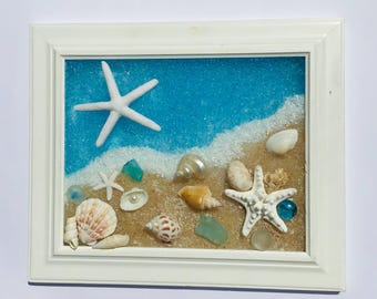 Crushed Glass Coastal Beach Ocean Scene Wall Hanging, Suncatcher, Window Art Mother’s Day