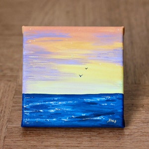 Sunset off the coast original painting gouache & acrylic gold 12x12cm image 3