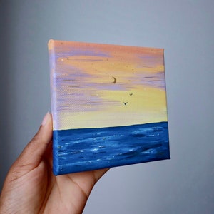 Sunset off the coast original painting gouache & acrylic gold 12x12cm image 2