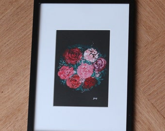 Roses bouquet Original Acrylic Gouache on Black paper A5