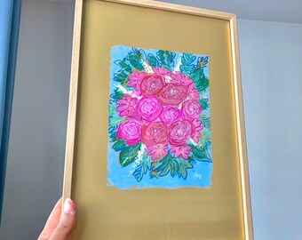 Abstract Flowers n•1 Original Painting on Golden paper A4 Gouache & Soft pastels