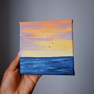 Sunset off the coast original painting gouache & acrylic gold 12x12cm image 1