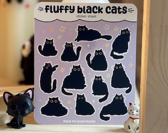 Klistermärkesark med fluffiga svarta katter - söta kattklistermärken, söta klistermärken, brevpapper, klistermärkesark, digital konst, illustration, mysigt, läskigt