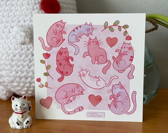 Pink Bean Cats Art Print - cat art, illustrations, children's illustrations, home decor, Valentine's Day art, pink art, cute art, mini