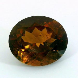 Peut inclure: Une pierre précieuse ovale et facettée, de couleur brun ambré. La gemme présente une grande clarté, avec de multiples facettes qui réfléchissent la lumière, créant un effet scintillant. La pierre est posée sur un fond blanc.