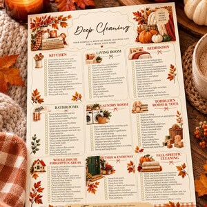 May include: A printed deep cleaning checklist for a home, featuring fall-themed illustrations of pumpkins and autumn leaves. The document is organized into sections including kitchen, living room, bedrooms, bathrooms, laundry room, and toddler's room.