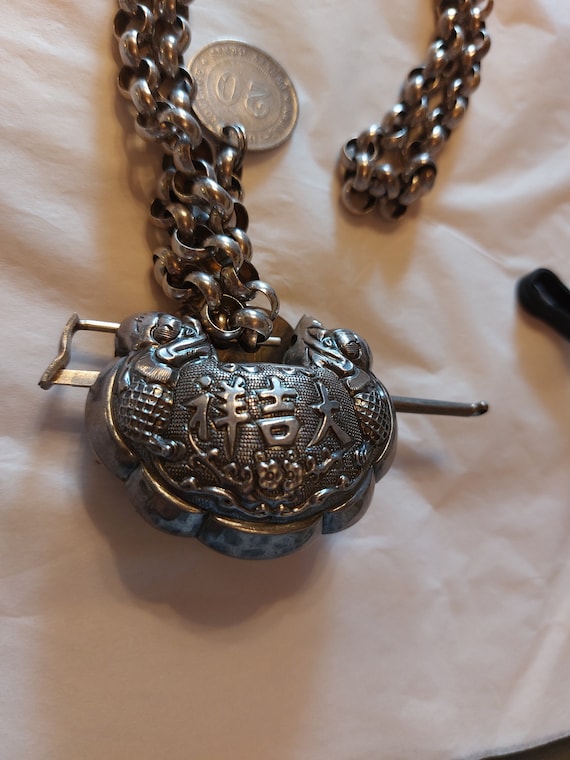 Antique Chinese lock with key sterling necklace.