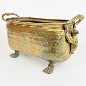 Vintage 1970s Gold Brass Hammered Planter Claw Foot Figural Handles Decor
