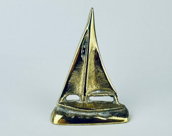 Vintage Solid Brass Sailboat Figurine - Attractive Aged Metal Patina