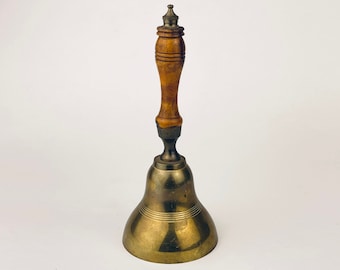Vintage Brass + Wood 'School' Bell - Attractive Aged Metal Patina - Made In India