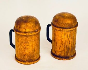 Vintage Wood Salt + Pepper Shakers With Black Metal Handle (Set of 2)