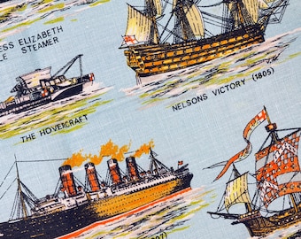 Vintage Story Of Ships Tea Towel - All Pure Linen - Made In Ireland - Nautical Decor