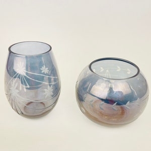 Vintage Smokey Blue Etched Glass Votive Candle Holder Duo – Mid-Century Elegance