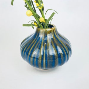 Vintage Bud Floral Vase - Glazed Green + Blue Drip Pattern