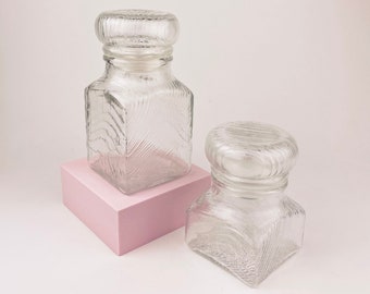 Vintage 1970s Airtight Glass Jars with Faux Wood Grain Lids – Set of 2