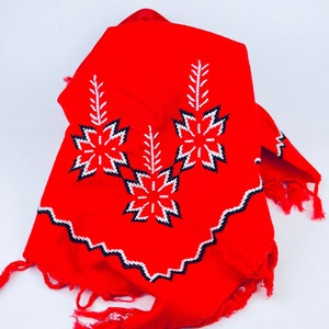 Vintage Christmas Red Fringe Square Table Cloth - Embroidered Poinsettia Linen - 25&quot; x 25&quot;