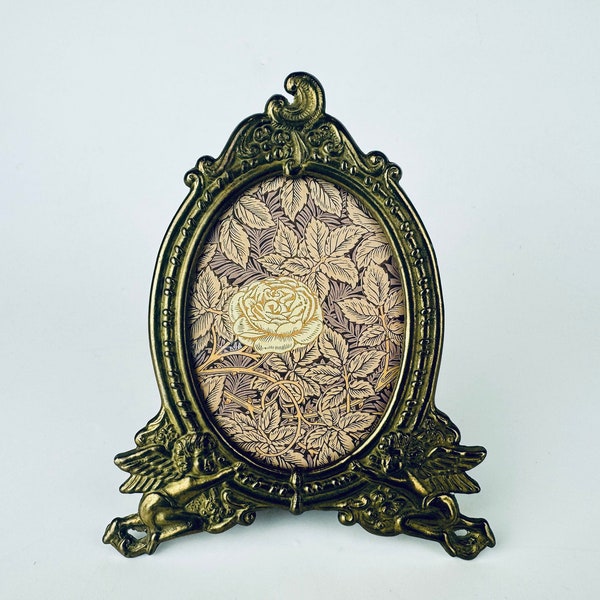 Vintage Ornate Brass Oval Cherub Portrait Tabletop Picture Frame - Hollywood Regency Decor - 3" x 4"