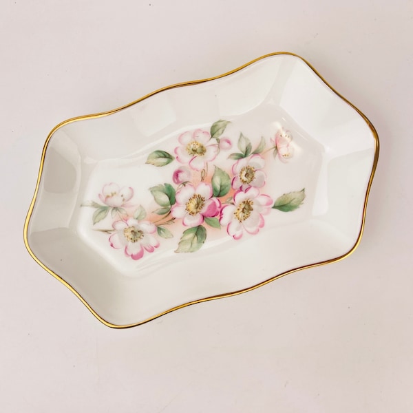 Vintage Fine Bone China Coalport Rectangular Scalloped White + Pink Floral Ceramic Ring Dish/Trinket Jar - Made In England