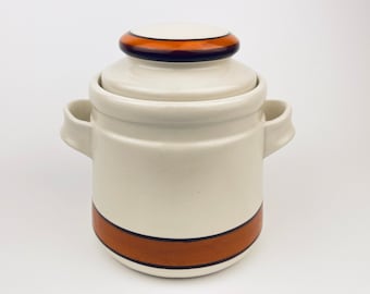 Tarro de cerámica vintage de California Pottery con tapa - Rayas naranjas y marrones - Hecho en EE. UU.