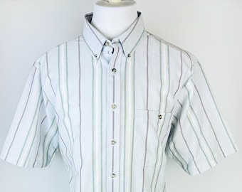 Camisa vintage 'OAKTON' de los años 90, de manga corta, con botones y rayas grises - Talla extragrande (XL) - Hecha en EE. UU.