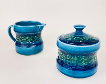 Vintage Cream + Sugar Set - Blue + Green Drip Glaze Textured Ceramic - Made In Japan