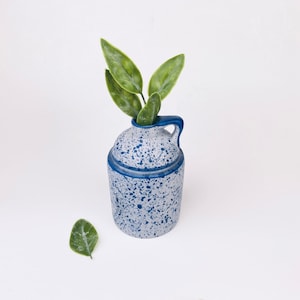 May include: A small, blue and white speckled ceramic vase with a handle. The vase is filled with green leaves.