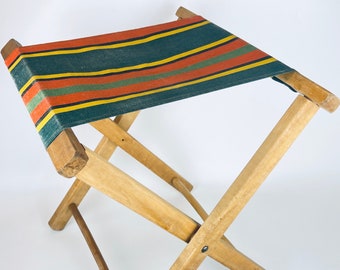 Vintage Folding Wood + Striped Cloth Stool - Camping Chair