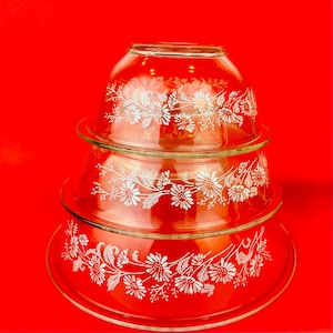 Vintage &#39;Colonial Mist&#39; PYREX Clear Floral Print Mixing Bowls - Sold Separately