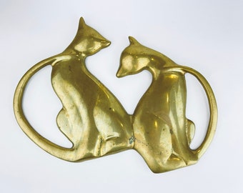 Vintage Brass Cat Duo Wall Hanging Decor - Mid Century Modern Metal Art - Attractive Aged Patina