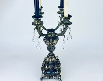 Vintage Ornate Italian Brevettato Rococo Girondelles Crystal Drop + Cast Brass Four Arm Candelabra - Attractive Aged Metal Patina