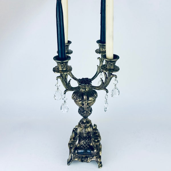 Vintage Ornate Italian Brevettato Rococo Girondelles Crystal Drop + Cast Brass Four Arm Candelabra - Attractive Aged Metal Patina