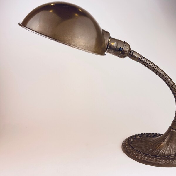 Antique/Vintage Art Deco Cast Iron Gooseneck Task/Office Lamp + Ashtray - Parabolic Shade - Industrial Decor