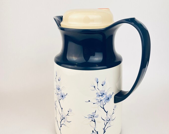 Vintage West Germany Helga Blue Flower Print Vacuum Thermos Carafe 1980