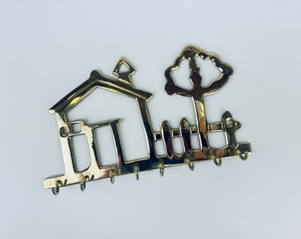 Vintage Wall Mounted Brass 'House' Key Holder - Eight (8) Hooks - Attractive Aged Metal Patina