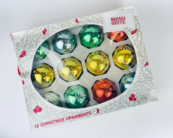 Vintage 'Shiny Bright' Handpainted 'Snow' Pattern Glass Christmas Ornaments - Set Of Twelve (12) - Made In USA