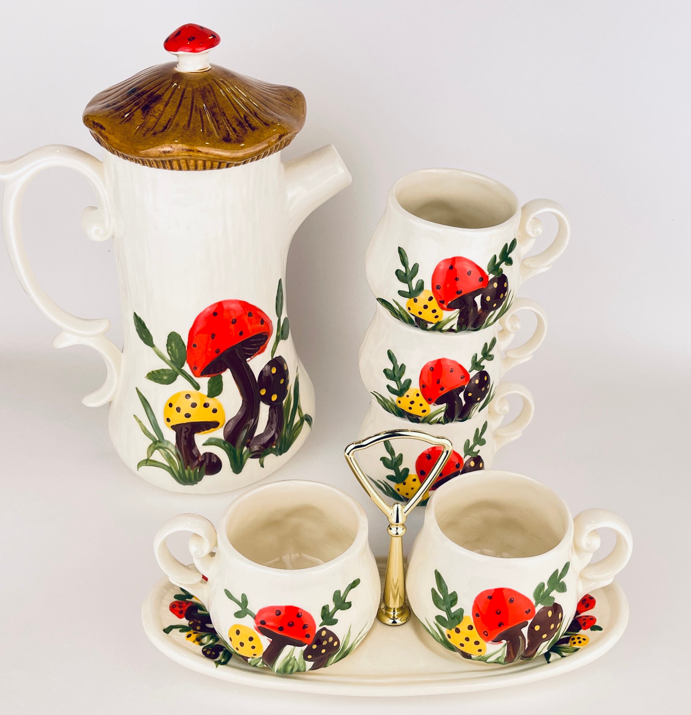 Vintage Merry Mushroom Tea/Coffee Kettle Cup Set Of Five 5 Etsy