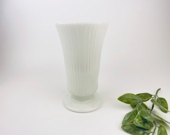 Vintage EO Brody Striped Pedestal White Milk Glass Vase (M5000)