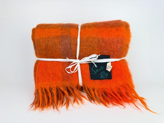 Vintage Bright Flame Orange 'Sports Rug' Mohair & Wool Fringe Blanket Rug - Made In Scotland For 'EATON'S'